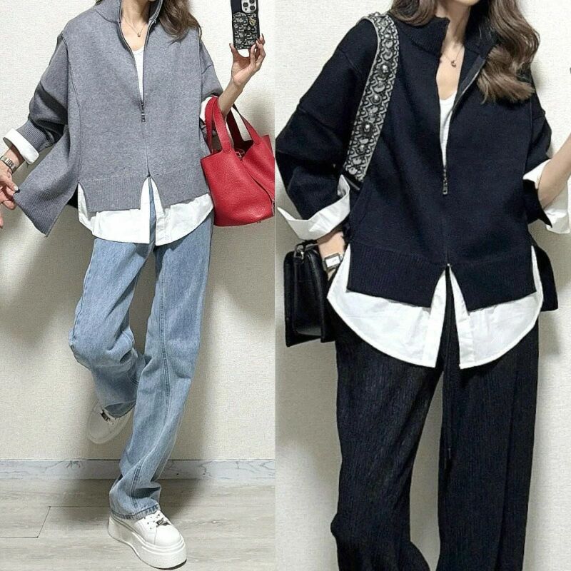 2色 2025年新作 レディース 疑似ツーピースセットアップ ニットトップス+デニム ・接ぎデザイン ルーズシルエット