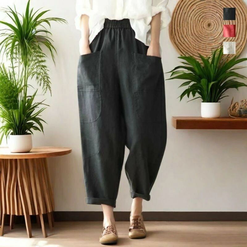 2025年新作 レディース ワッシュドコットンパンツ クロップド ゴムウエスト ルーズシルエット バルーンパンツ