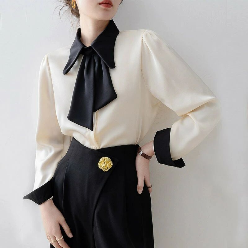 2025年春新作 レディース リボンタイブラウス アプリコット ポロカラー ロングスリーブ