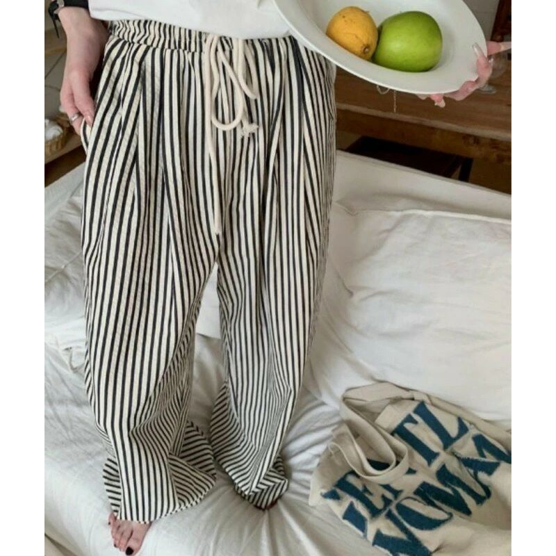 5色 2025年秋 新作 レディース ストライプパンツ タイドウエスト ポケット付き ルーズシルエット