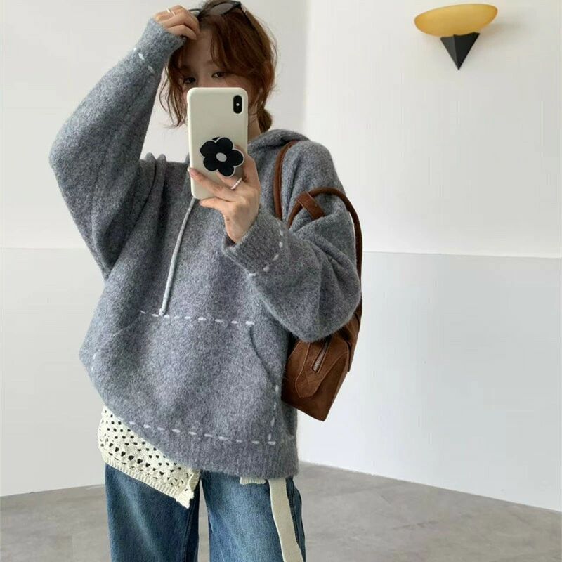 2025秋冬新作 レディース 韓国風 フード付き ニットセーター ゆったり ハンドステッチ ポケット 小規模ブランド トップス