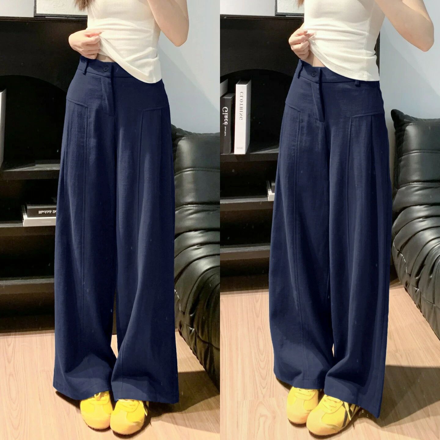 【送料無料】ネイビー リネンワイドパンツ レディース 秋 ハイウエスト ストレート オフィス 涼感