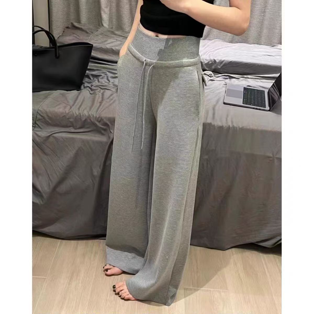 【送料無料】グレー ストリングパンツ レディース 秋 ハイウエスト ゆったり ワイドパンツ ルームウェア