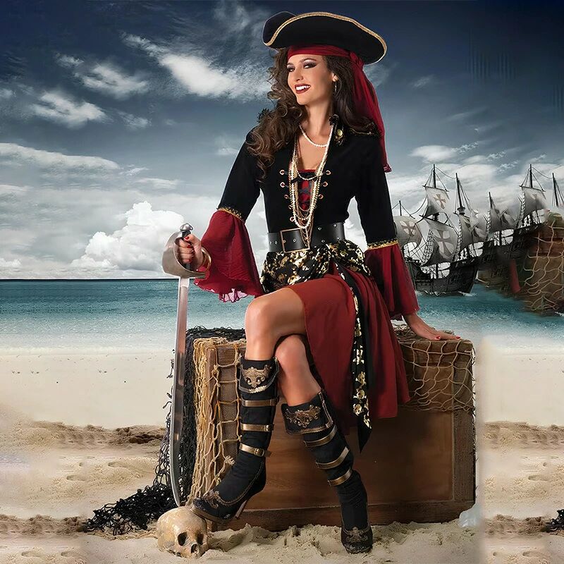Vestido de Halloween Piratas del Caribe Jack Sparrow Piratas Adultos Mujeres Piratas rojos Vestido de baile Vestido de actuación