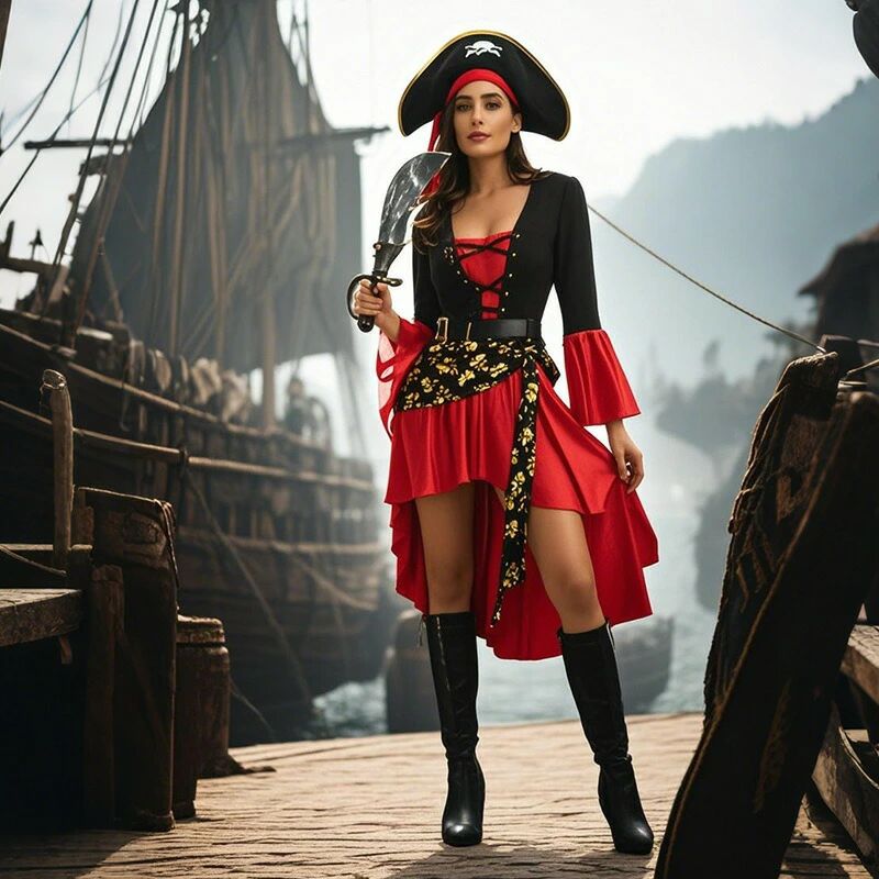 Vestido de Halloween Piratas del Caribe Jack Sparrow Piratas Adultos Mujeres Piratas rojos Vestido de baile Vestido de actuación — vista 2