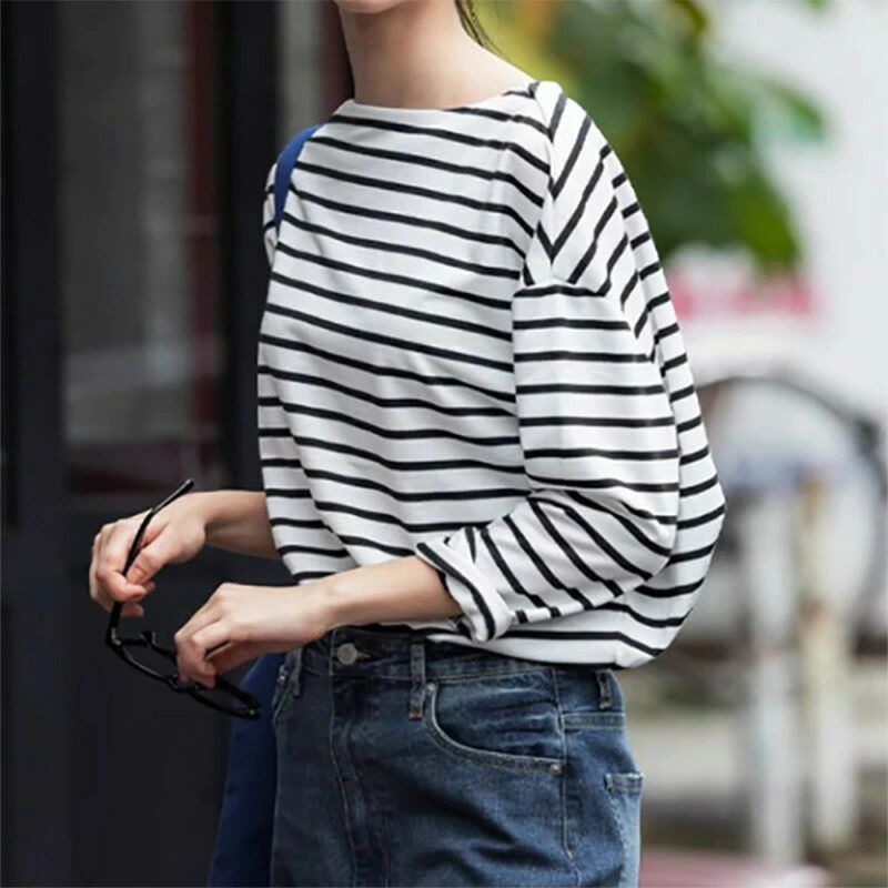 Rakuten - 【クーポンで10％オフ】レディース Tシャツ ストライプ 綿100% ラウンドネック ロングスリーブ 秋 シンプル 普段着