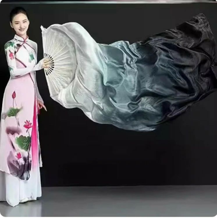 中国風 ダンス扇子 白黒 グラデーション 墨 アート 長綢扇 舞踊 小物 衣装 舞台 パフォーマンス 2024 ..