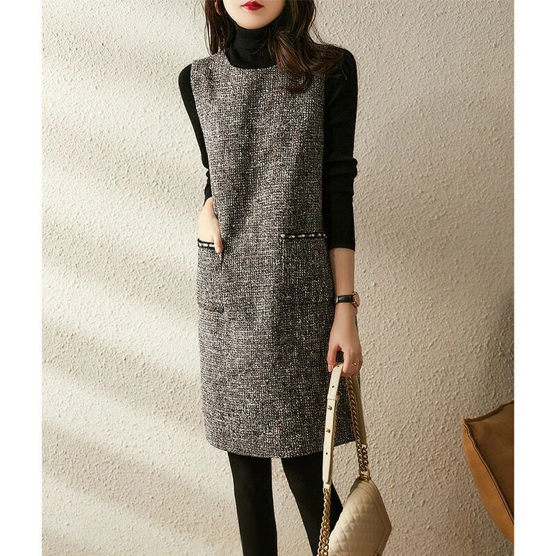 2025春夏新作 レディース ミディ丈 ワンピース プルオーバー ハイウエスト チェック柄 ブラック オフ