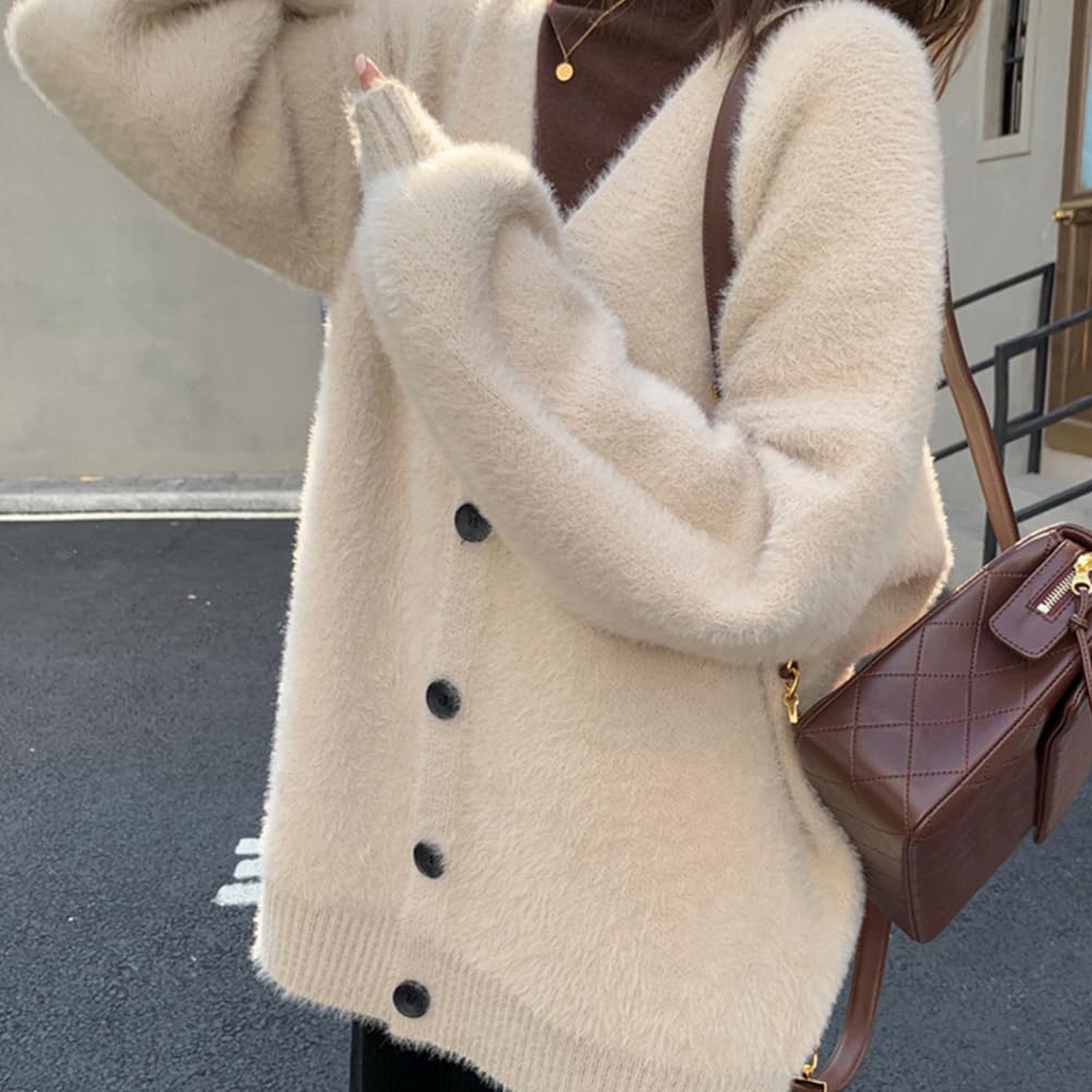 【クーポンで10％オフ】シャギーニット カーディガン レディース ふわふわ お洒落 あったか 保温 防寒 Vネック 長袖 ゆったり アウター 羽織り カジュアル 普段着 通勤 秋 冬