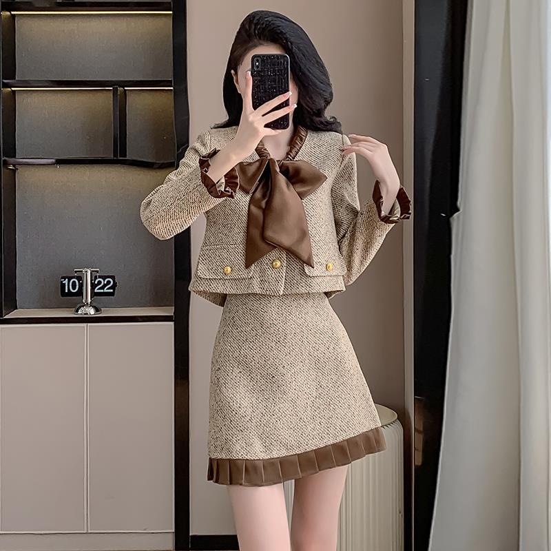 実物写真：秋 フレンチシャネル風 セットアップワンピース レディース 塩系 軽熟 桔梗テイスト 2点セット