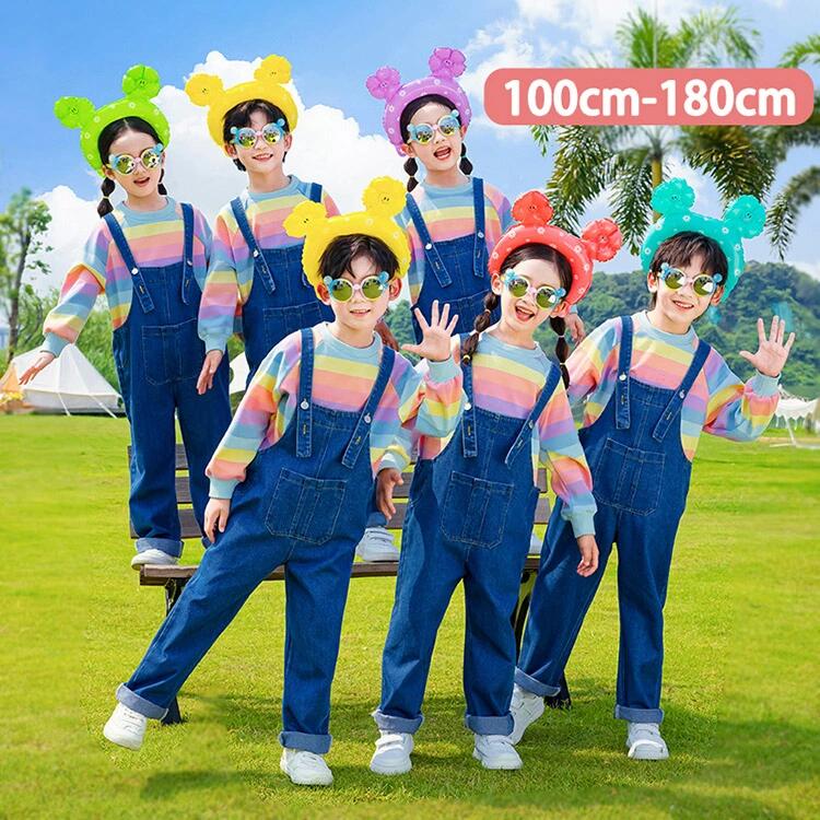虹色 デニム 夏 キッズ ダンス衣装 オーバーオール サロペット パンツ トップス パフォーマンス セットアップ 女の子 男の子 おしゃれ ゆったり スポーツ ジャズダンス ヒップホップ ポッピング 合唱団 演出服 練習着 団体服 応援団 個性派 幼稚園 子供