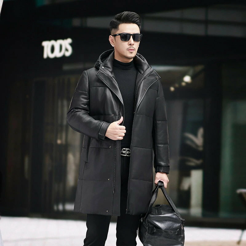 レザージャケット 本革 羊革 ダウンジャケット ロング丈 ロングコート 革ジャン 冬 暖かい 保温 黒 厚手 レザー 防寒 ブラック ダウンコート ビジネス バイクジャケット 羊革レザー ラムレザー プレゼント ギフト 父の日 彼氏 L-XXXXL