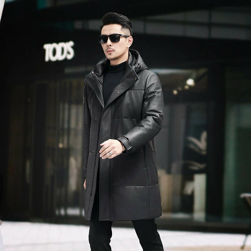 レザージャケット 本革 羊革 ダウンジャケット ロング丈 ロングコート 革ジャン 冬 暖かい 保温 黒 厚手 レザー 防寒 ブラック ダウンコート ビジネス バイクジャケット 羊革レザー ラムレザー プレゼント ギフト 父の日 彼氏 L-XXXXL