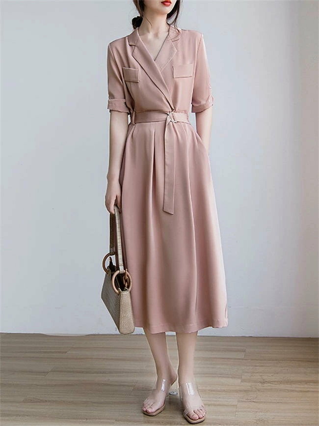 レディース ワンピース 無地 半袖 シャツワンピース 20代30代40代50代 結婚式 春夏新作 韓国 ファッション 母の日 ドレス きれいめ 大きいサイズ 体型カバー 通勤通学 ギフト Aライン おしゃれ 着痩せ お呼ばれ 結婚式 二次会 パーティードレス