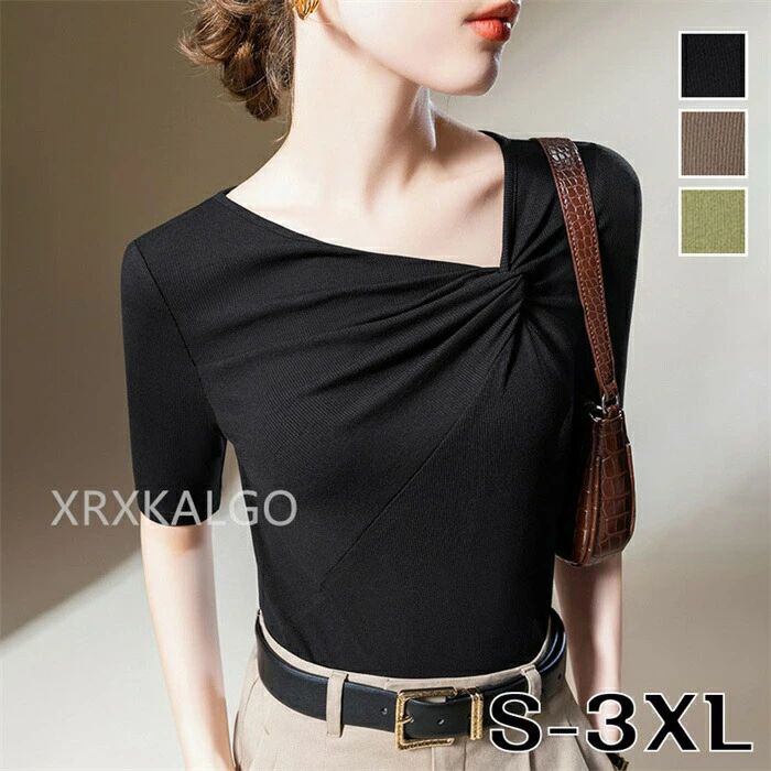 Rakuten - Tシャツ レディース 春夏新作 40代 半袖 7分袖 ニットトップス 無地Tシャツ Vネックレション ショット丈 ニットソー 秋 カットソー おしゃれ 大人 大きいサイズ 40代 30代