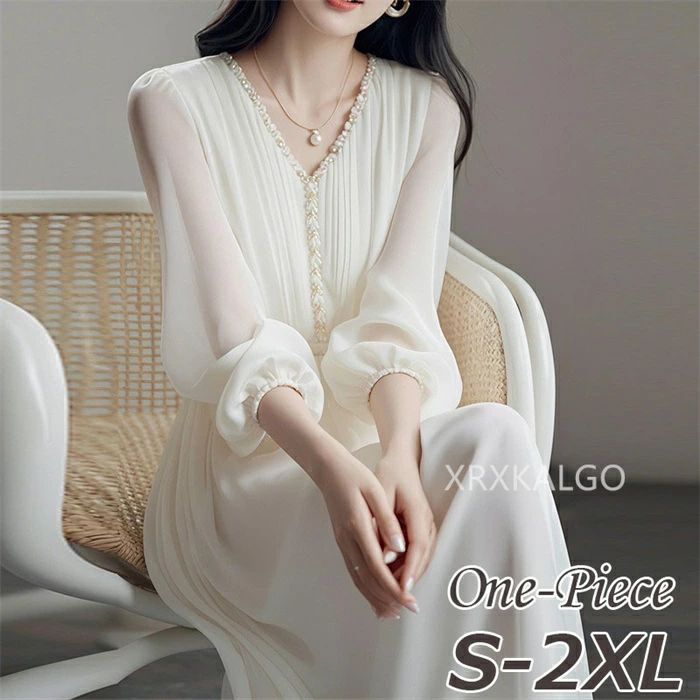 シフォン ワンピース 着痩せ シフォンワンピース レディース ロングワンピース 長袖 半袖 きれいめ 体型カバー 無地 ロングワンピ ロング 大きいサイズ ホワ...