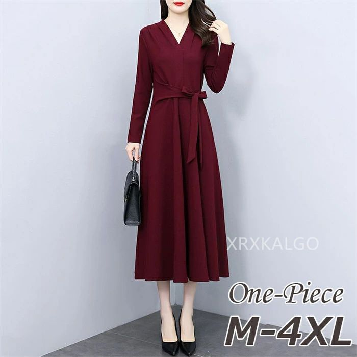 ワンピース 秋 きれいめ レディース 大きいサイズ カジュアル Vネック ベルド付き きれいめ 春秋 長袖 レッド フリル 無地 30代 40代 50代 母の日...