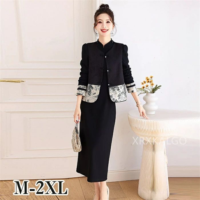 ワンピースセットアップ レディース 秋冬 2点セット 長袖ワンピース 国風ベスト Aラインスカート 韓国風 ブラック ゆったり オシャレ大人着痩せ 上品 通勤 入学式 卒業式 50代30代