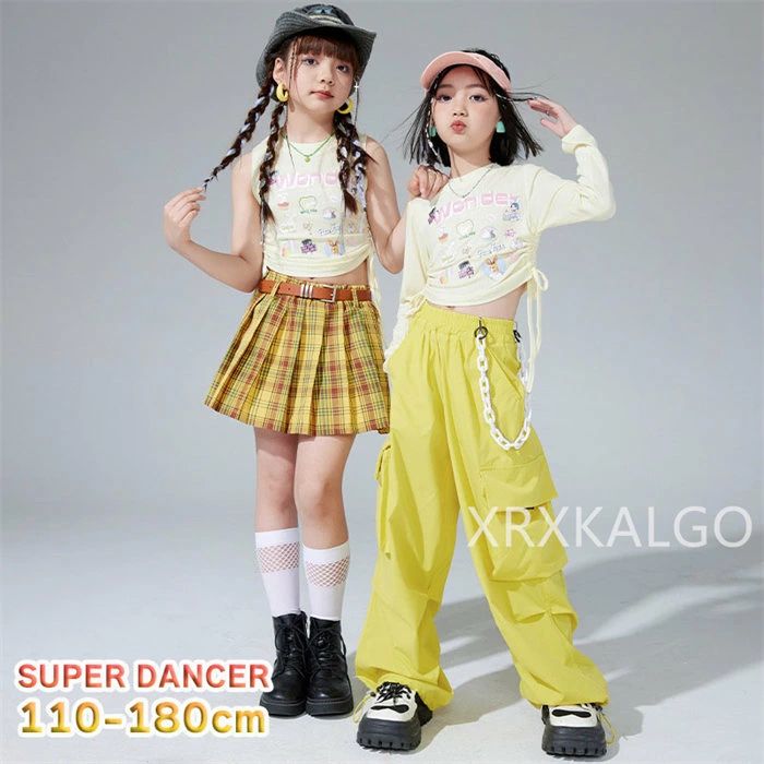 Skirt Set - ダンス衣装 キッズ セットアップ ガールズ ヒップホップ K-POP 韓国 衣装 チアダンス ヘソ出し トップス パンツ チェック柄 長ズボン 派手 子供ダンス服 ダンスウェア キッズダンス衣装 イエロー ベージュ レッスン着 チア ステージ衣装 半袖 イベント 単品販売 セット販売