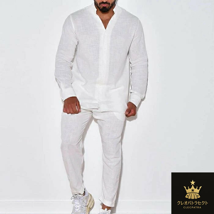 メンズ 上下セット 2点セット 欧米風 綿麻 長袖 リラックス おしゃれ コットンリネン 長袖シャツ ロングパンツ 無地 開襟シャツ 綿麻風 セットアップ シャツ パンツ vネック 春夏 春秋 カジュアル ルームウェア 部屋着 ウエストゴム 薄手 大きいサイズ カジュアル 父の日