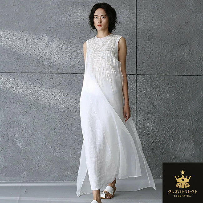 マキシワンピース 白ワンピース 春 夏 レディース サマードレス 体型カバー ノースリーブ レディースワンピース 刺繍 側面スリット入り 白ワンピース 高見え アシンメトリー 結婚式 バウリニューアル オーガンディ リネン 上品 シンプル