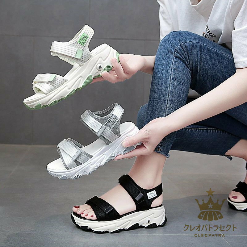 Sports Sandal - 【クーポンで10％オフ】厚底サンダル 夏靴 厚底サンダル レディース 韓国ファッション ビーチカジュアル 美脚 厚底靴 スポーツサンダルストラップ サンダル