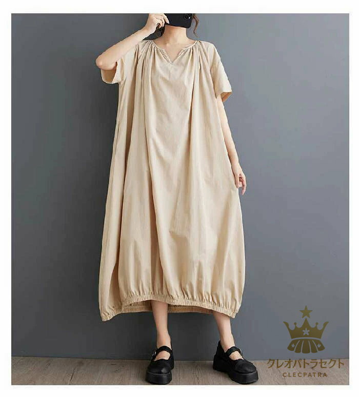 ワンピース 半袖 レディース ロングワンピース 体型カバー ワンピース キーネック ロング丈 きれいめ 春 秋 Aライン 大きいサイズ シンプル カジュアル ゆったり 楽ちん お洒落 リゾート 旅行 海