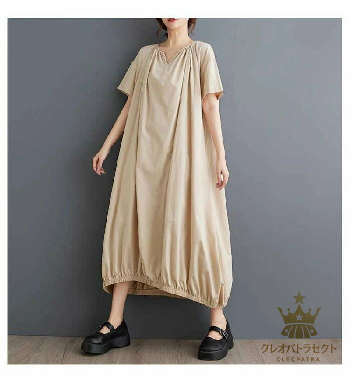 ワンピース 半袖 レディース ロングワンピース 体型カバー ワンピース キーネック ロング丈 きれいめ 春 秋 Aライン 大きいサイズ シンプル カジュアル ゆったり 楽ちん お洒落 リゾート 旅行 海