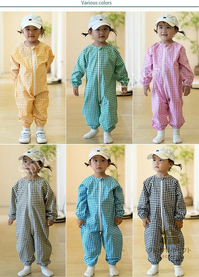クレオパトラセレクトのお洋服の汚れを気にせずたくさん遊べる！6色展開 プレイウエア 子供用 オーバーオール つなぎ キッズ チェック柄 ギンガム 長袖 ロンパース お砂場着 女の子 男の子 つなぎ プルオーバー 子供服 お砂場 遊び着 汚れ防止 水遊び 小学生 幼稚園｜アングル2