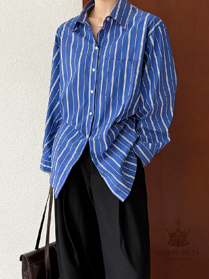Rakuten - 【クーポンで10％オフ】シャツ レディース ストライプ柄 長袖 春 秋 シャツブラウス ストライプ チュニック丈 レディース 大きいサイズ 羽織り ゆったり ゆるシャツ オシャレ シンプル カジュアル 着回し ビッグシルエット ドロップショルダー 幅広カフス 体型カバー