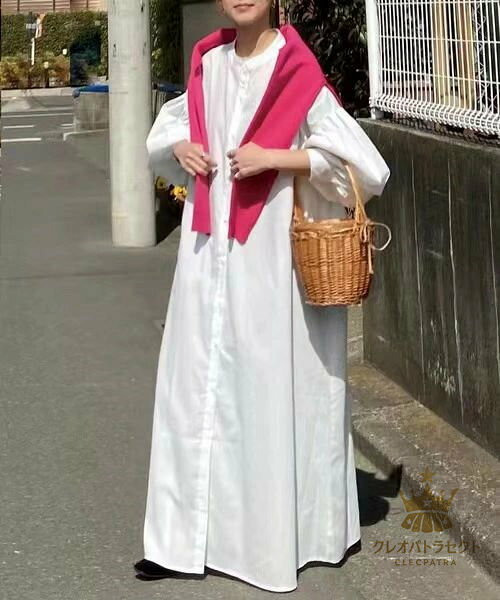 クレオパトラセレクトのワンピース ロングワンピース シャツワンピース レディース フレアワンピース 羽織り ロング丈 バルーン袖 バルーンスリーブ ぽわん袖 長袖 ゆったり 体型カバー 無地 シンプル カジュアル 着回し 送料無料 春夏秋｜アングル3