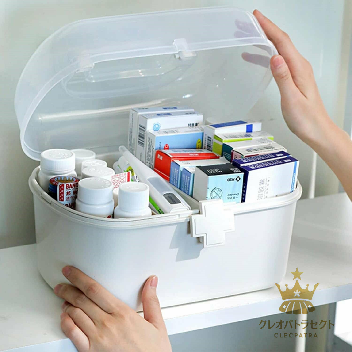 クレオパトラセレクトのコンパクト 薬ボックス 救急箱 大容量 取っ手付き 薬入れケース ピルケース 収納ボックス 携帯用 災害用 多機能収納 ケース 密閉 防湿 高齢者 患者 子供｜アングル3