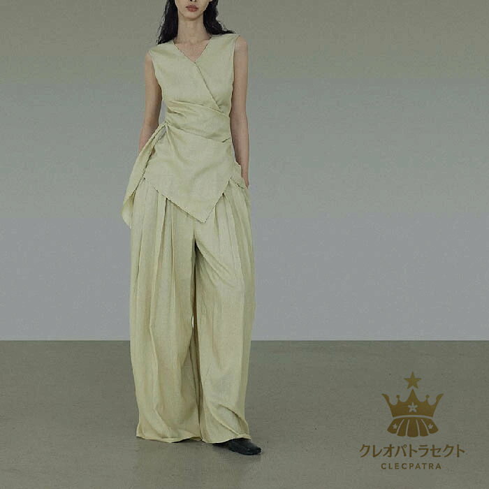 セットアップ リネン レディース パンツスーツ 上下セット 春夏 ベスト ジレ ノースリーブ ガチョウパンツ スカーチョ スカンツ パンツ ワイド ハイウエスト ポケット付き ロング パンツドレス ゆったり 綿麻 麻 麻混 無地 きれいめ お洒落 抜け感 カッコイイ 体型カバー