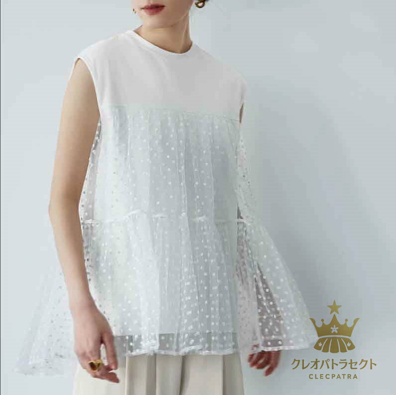 Tシャツノースリーブ レディース チュール切り替え チュール ドット・水玉柄 フレア Tシャツ ドッキング Tシャツ トップス チュニック 春 夏 Tシャツ カットソー 袖なし ゆったり 大人可愛い フェミニン おすすめ おしゃれ ゆったり 異素材MIX ティアード