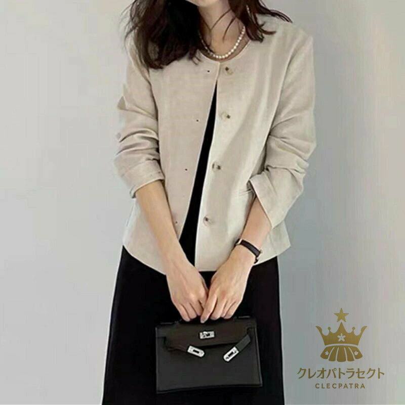 Linen, Hemp - ジャケット レディース ノーカラージャケット 春秋 麻混 長袖 紫外線対策 ゆったり 綿麻風 春 夏 ノーカラー トップス 重ね着 羽織り クルーネック ショート丈 無地 通勤 おしゃれ 着痩せ カットソー 冷房対策 uvカット カジュアル コーデ