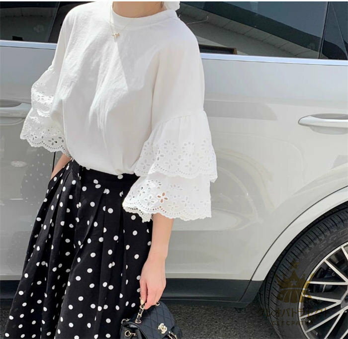 tシャツ カットソー Tシャツ レディース トップス プルオーバー ラウンドネック 春 夏 レース 五分袖 七分袖 きれいめ 大人コーデ ガーリー ファッション 着痩せ ゆったり 可愛い オーバーサイズ 通勤 仕事 オフィス カジュアル 着回し フェミニン 白 ボーダー 送料無料