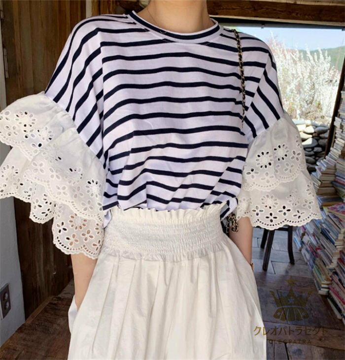 tシャツ カットソー Tシャツ レディース トップス プルオーバー ラウンドネック 春 夏 レース 五分袖 七分袖 きれいめ 大人コーデ ガーリー ファッション 着痩せ ゆったり 可愛い オーバーサイズ 通勤 仕事 オフィス カジュアル 着回し フェミニン 白 ボーダー 送料無料