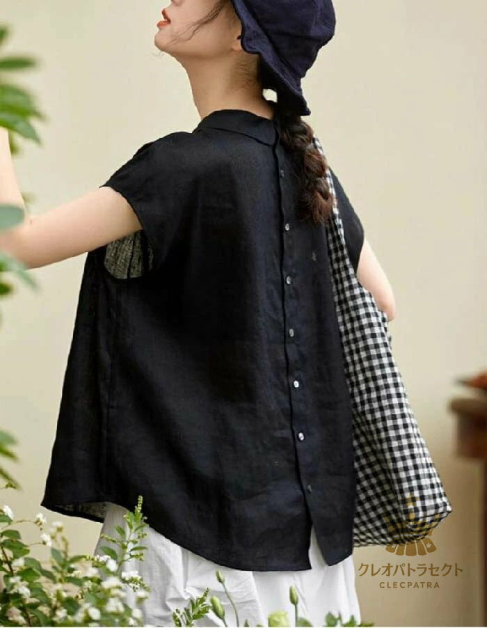 短袖 - シャツ ブラウス レディース リネン コットン 半袖 春 夏 秋 シャツ バックボタン 丸襟 トップス 綿麻 無地 ナチュラル フェミニン 着回し シンプル おしゃれ 大人 カジュアル こなれ感 体型カバー 涼しい 森ガール 大人可愛い ママコーデ