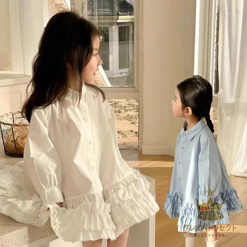 【クーポンで10％オフ】シャツ ワンピース キッズ ベビー服 女の子 フリルワンピース ジュニア 赤ちゃん トップス 白 おしゃれ 可愛い 結婚式 七五三 入学 入園 幼稚園 小学生 誕生日 プレゼント お姫様 お出かけ 90cm 100cm ワンピース 長袖 春 夏 秋 子供服