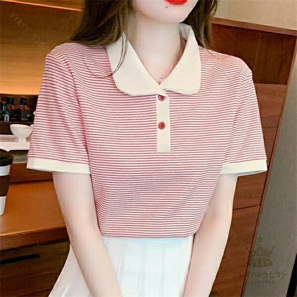 ポロシャツ 半袖 かわいい レディース トップス tops マルチカラー 細ボーダー 無地 コンパクト シンプル インナー デイリー オフィス 春 夏 秋 韓国ファッション カットソー 大人 M L XL Uネック Vネック ベーシック レース