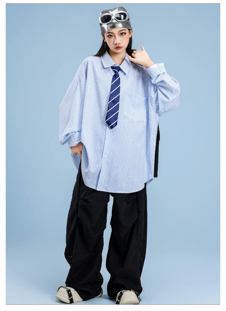 ネクタイ 青白のストライプ キッズ 子供ダンス衣装 女の子 男の子 ユニセックス ジャズダンス ヒップホップ セットアップ ストリート HIPHOP JAZZ ダンスウエア シャツ ベスト ロングパンツ ゆったり おしゃれ 原宿系 発表会 演出服 練習服 団体服 舞台服 110-180cm 黒