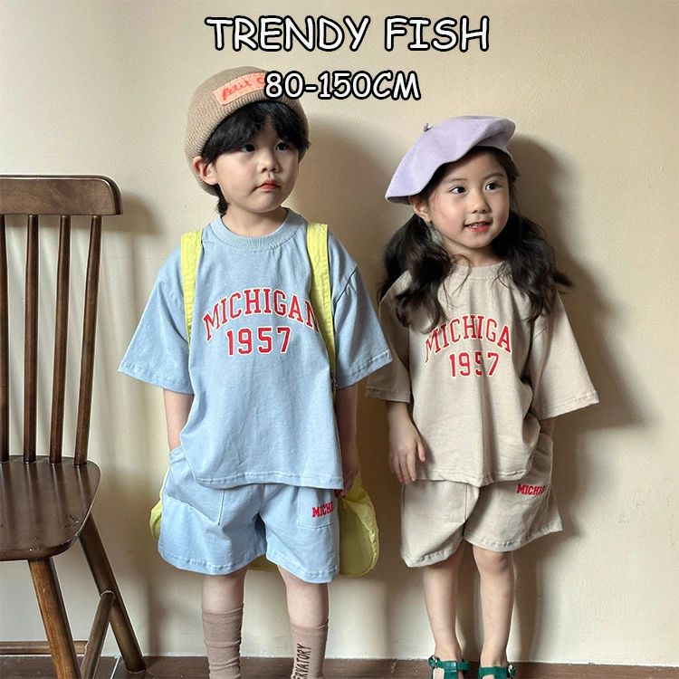 Rakuten - セットアップ キッズ 兄妹 子供服 ジャージ 上下セット ブルー ベージュ ジュニア ベビー服 女の子 男の子 tシャツ 綿 半袖 ショートパンツ おしゃれ 可愛い スポーツ トップス ボトムス 赤ちゃん 半ズボン 誕生日 プレゼント 幼稚園 学生 150cm 140 130 120 110 100 90