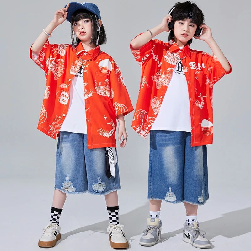 オレンジ キッズ ダンス 衣装 単品 セットアップ 半袖 アロハシャツ カジュアルシャツ トップス デニムパンツ 半ズボン ハーフパンツ 女の子 男の子 ジャズダンス ヒップホップ ポッピング ロッキング 団体服 発表会 演出服 応援団 原宿系 個性派 派手