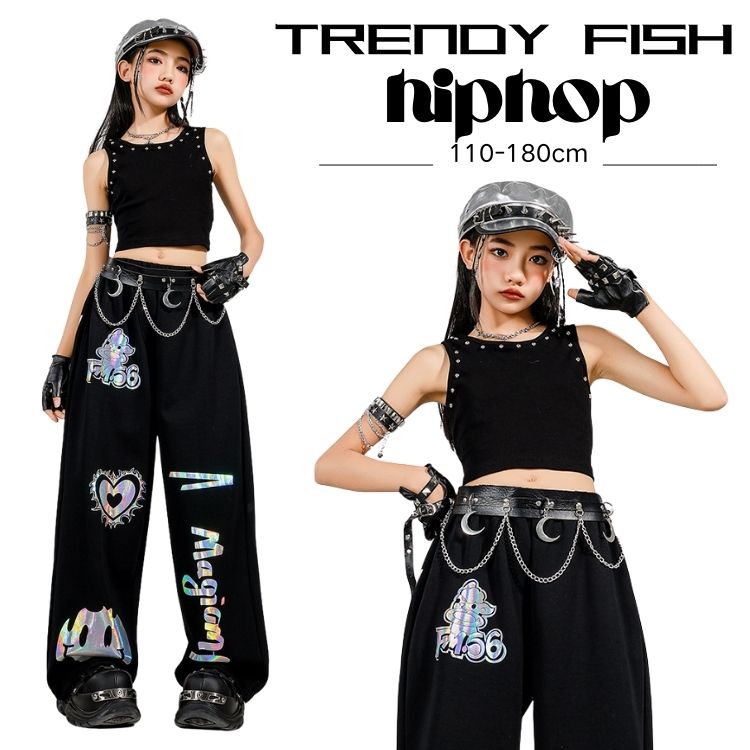 ブラック トップス 長パンツ ジーンズ へそ出し キッズ ダンス セットアップ 韓国 k-pop ヒップホップ ギャル かっこいい ゆったり レジャー カジュアル 子供服 ステージ衣装 jazz ジャズダンス 団体服 個性派 練習着 演出服 原宿系 110-180cm　ベレー帽　反射プリント