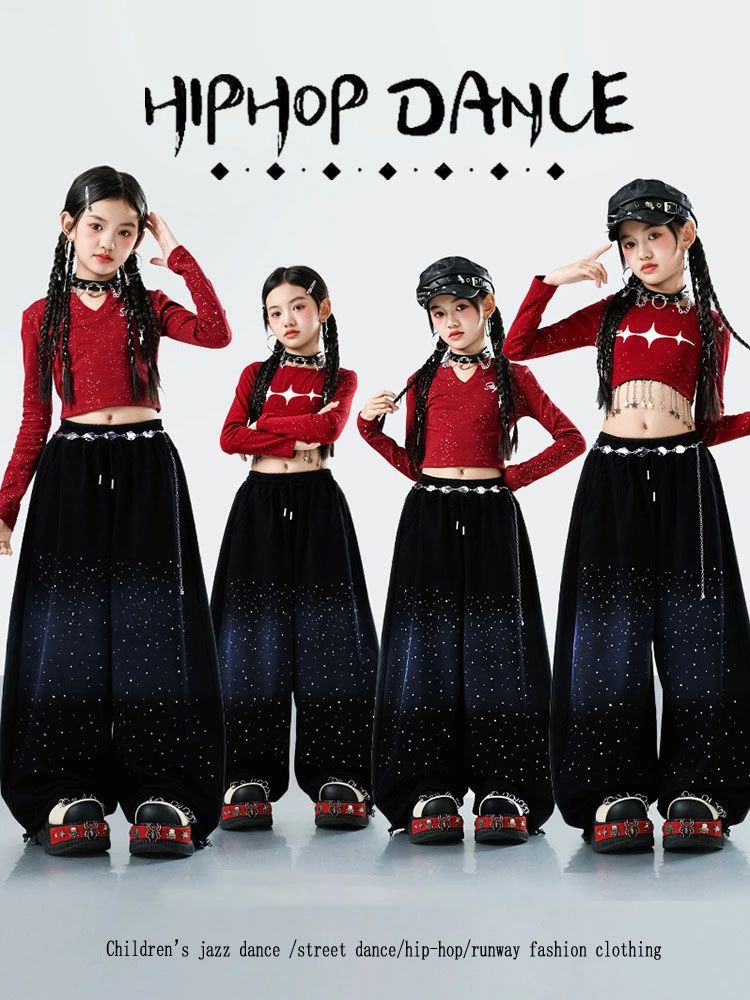 クレオパトラセレクトの赤 黒 レッド ブラック トップス 長パンツ へそ出し 長袖 キッズ ダンス セットアップ 韓国 k-pop ヒップホップ 女の子 ギャル アイドル かっこいい カジュアル 子供服 きらきら ステージ衣装 jazz ジャズダンス 団体服 練習着 演出服 原宿系 110-180cm｜アングル2