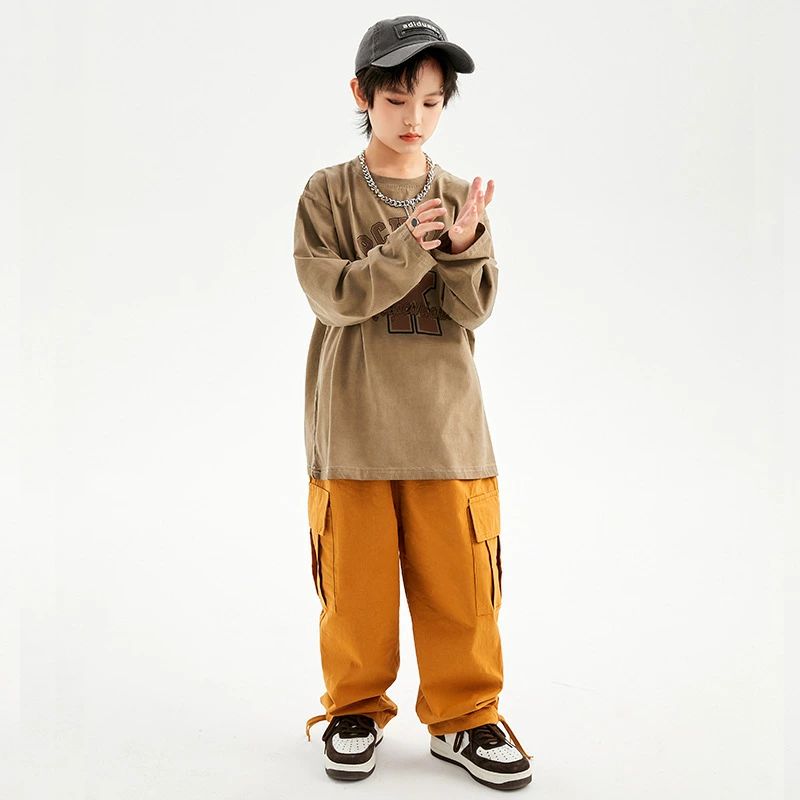 ブラウン イエロー キッズ ダンス衣装 単品 セットアップ 女の子 男の子 長袖 Tシャツ トレーナー デニムパンツ カーゴパンツ ヒップホップ HIPHOP ロック ダンス衣装 Popping locking 舞台 ステージ衣装 スラックス 派手 カッコイイ 演出服 団体服 発表会
