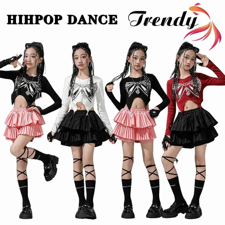 蝶柄 赤白黒 キッズ ダンス衣装 セットアップ ヒップホップ 女の子 ストリート へそ出しシャツ 長袖 ト..