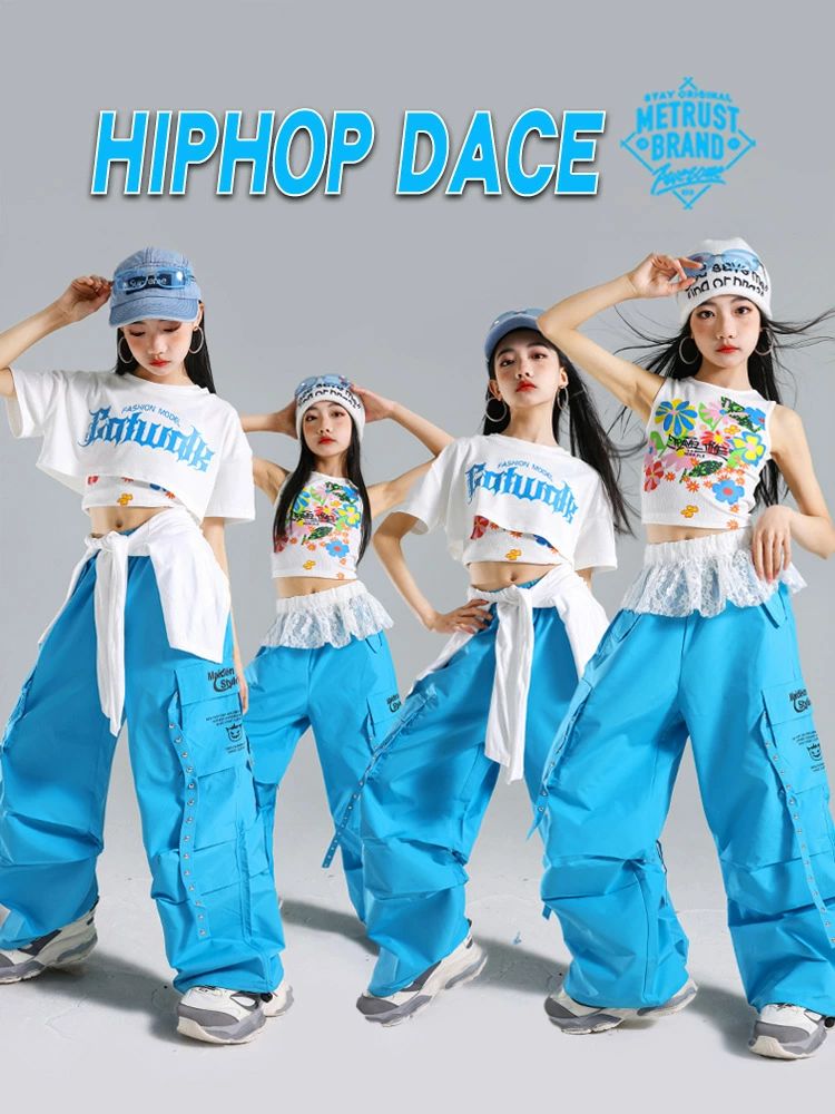 青色 白 ブルー ホワイト トップス タンクトップ パンツ カーゴパンツ へそ出し キッズ ダンス セットアップ 韓国 k-pop ヒップホップ 女の子 ギャル アイドル かっこいい カジュアル レジャー 子供服 ステージ衣装 jazz ジャズダンス 団体服 練習着 演出服 原宿系 110-180cm 2