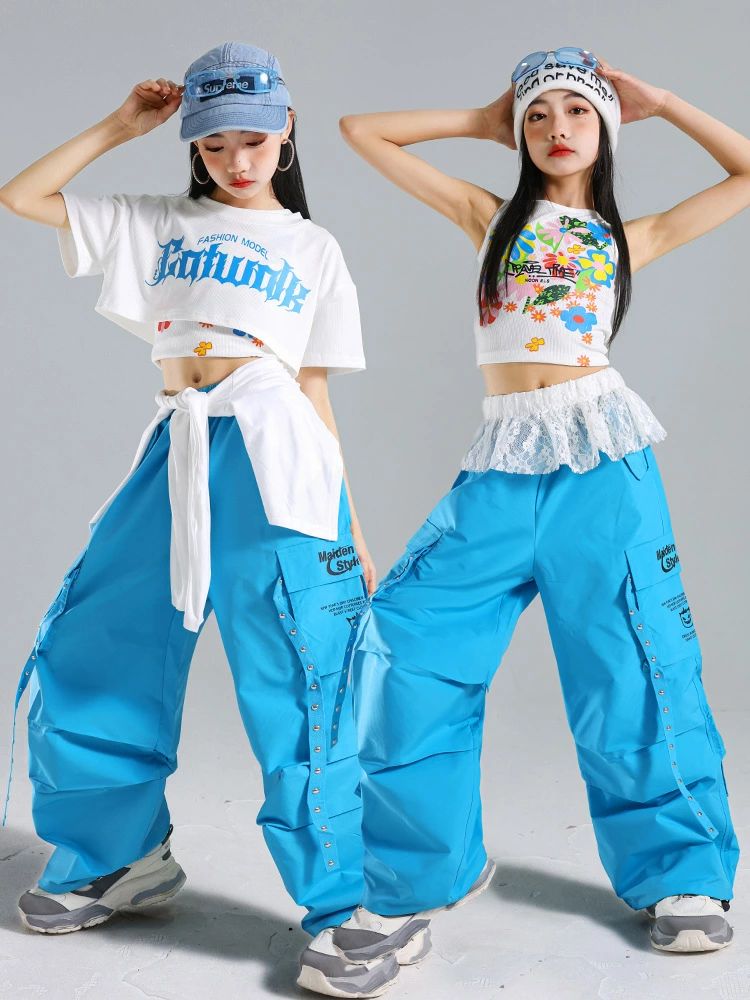 青色 白 ブルー ホワイト トップス タンクトップ パンツ カーゴパンツ へそ出し キッズ ダンス セットアップ 韓国 k-pop ヒップホップ 女の子 ギャル アイドル かっこいい カジュアル レジャー 子供服 ステージ衣装 jazz ジャズダンス 団体服 練習着 演出服 原宿系 110-180cm 3