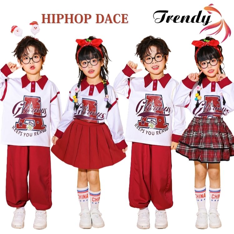 Rakuten - レッド 赤 白 トップス ポロシャツ 長パンツ スカート プリーツスカート チェック柄 キッズ ダンス セットアップ 韓国 k-pop ヒップホップ 男の子 女の子 ギャル かっこいい カジュアル 子供服 ステージ衣装 jazz ジャズダンス 団体服 個性派 練習着 演出服 原宿系 110-180cm